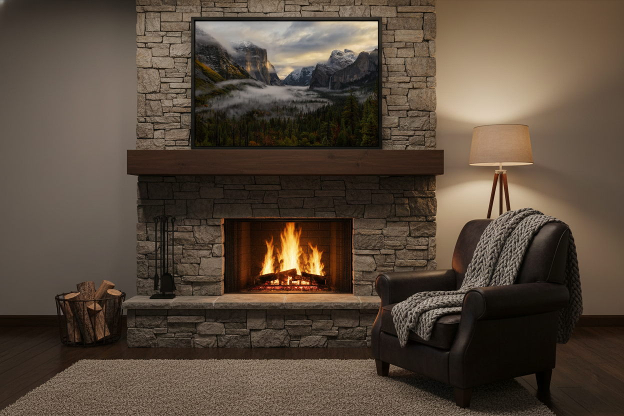 Fine art print of a foggy Yosemite sunrise centered above a rustic stacked stone fireplace mantel with a leather armchair.
