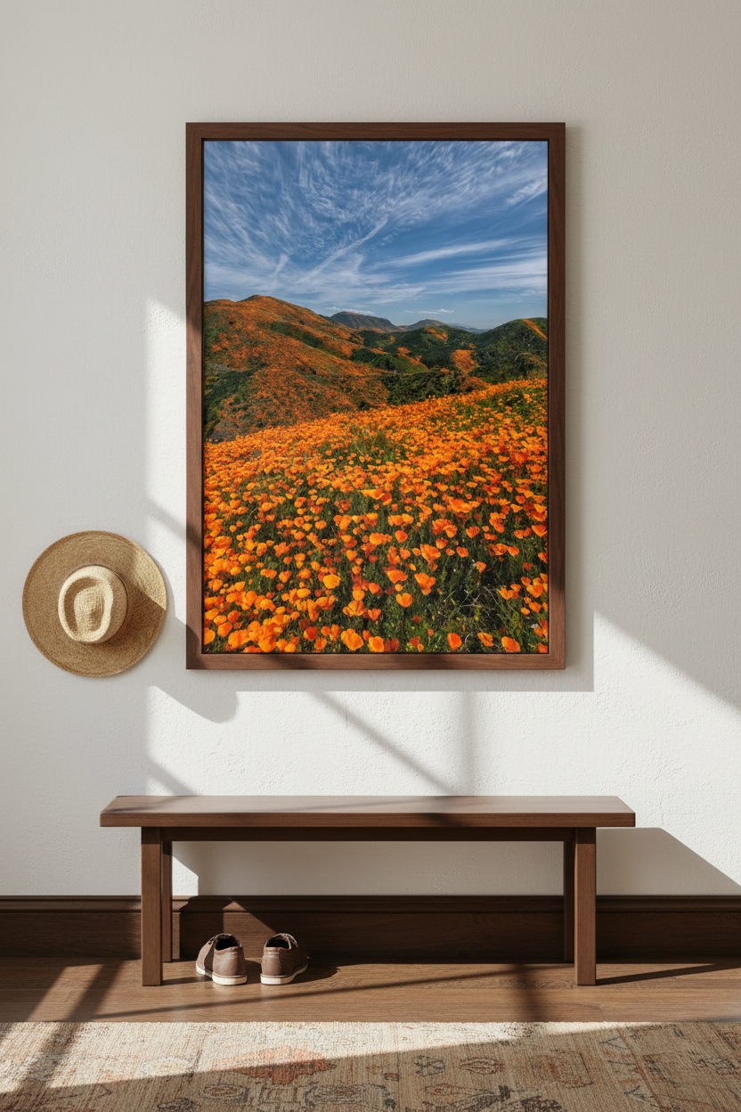 Large framed California poppy print hanging in an entryway above a simple wooden bench, straw hat, and shoes.