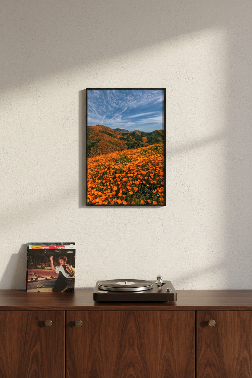 Orange poppy superbloom artwork in a thin black frame displayed on a textured white wall above a wooden media cabinet with a record player.
