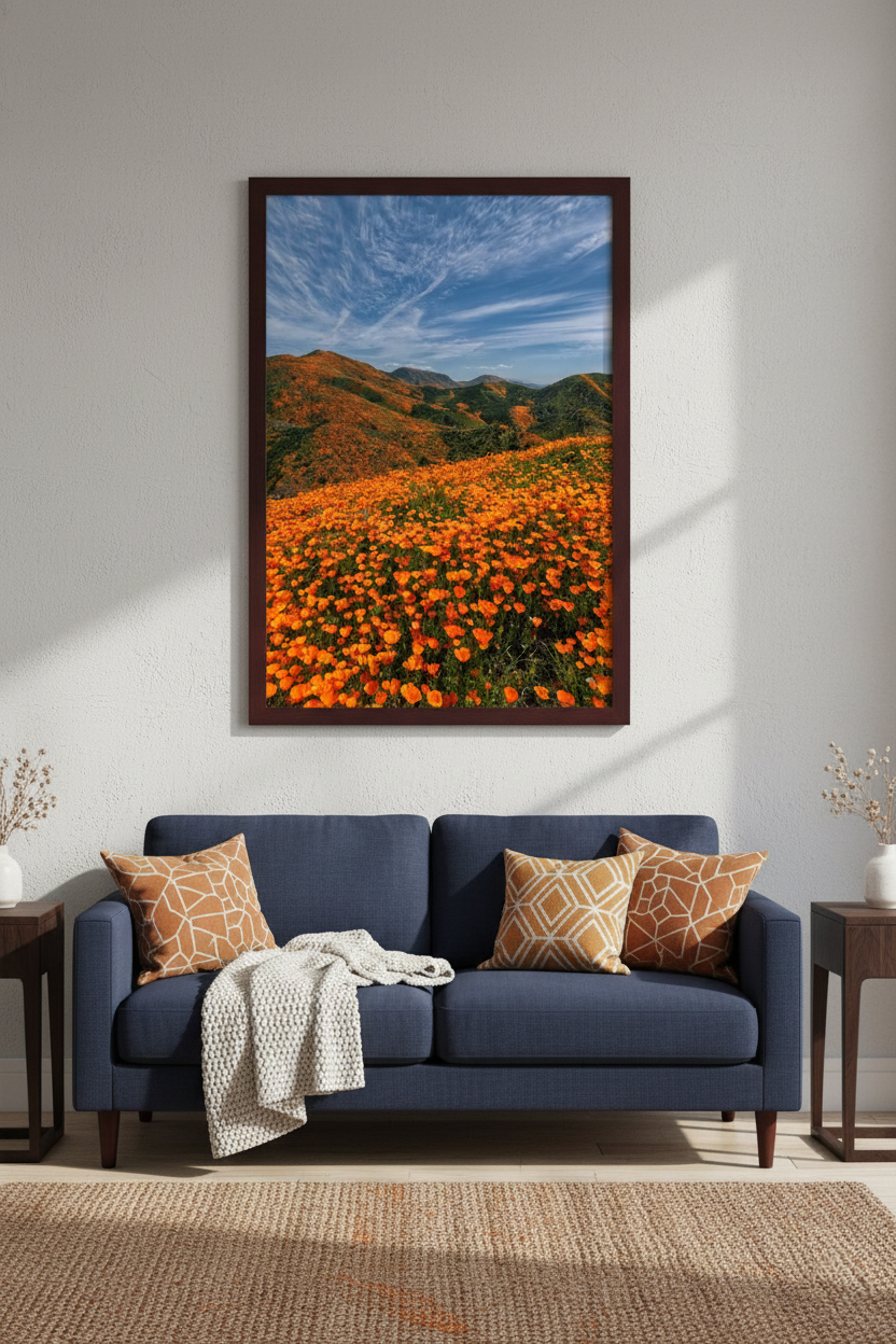 Vibrant vertical California poppy landscape print wall art centered above a navy blue fabric sofa with patterned accent pillows.