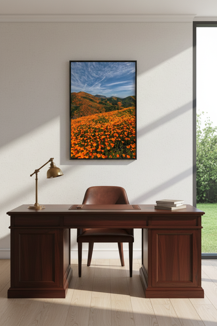 Framed California poppy superbloom landscape print in a black frame hanging above a rich mahogany executive desk and brass lamp.