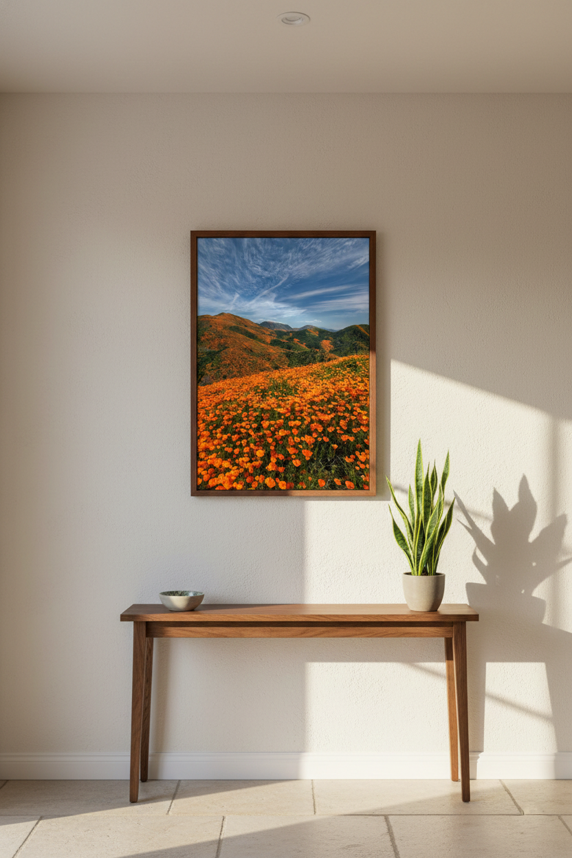 Vertical fine art poppy field photograph mounted over a slender walnut console table with a potted snake plant in a bright hallway.