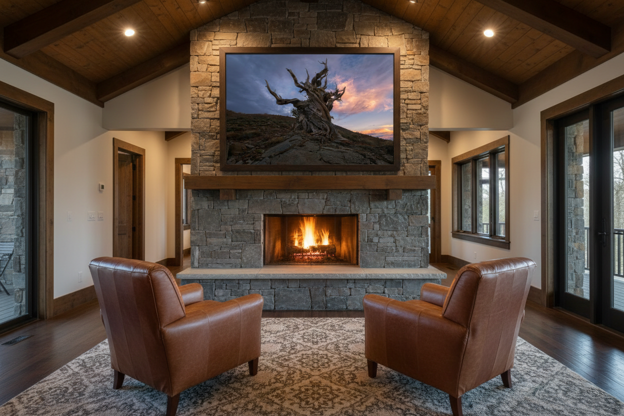 Large fine art print of a gnarled bristlecone pine tree hung above a stone fireplace mantel in a rustic wooden lodge with leather armchairs.
