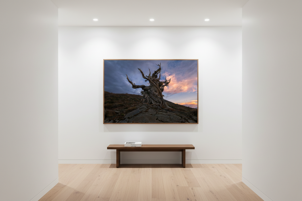Framed bristlecone pine fine art landscape print spotlit on a clean white gallery wall above a simple wooden bench.