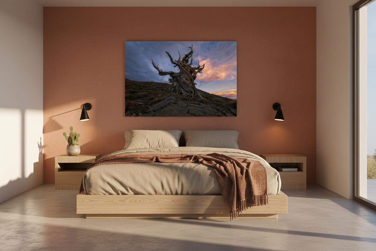Fine art bristlecone pine sunset photograph mounted above a light wood platform bed against a warm terracotta accent wall.