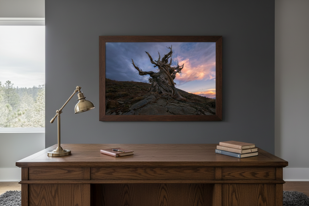 Framed ancient bristlecone pine artwork centered on a charcoal wall over a classic wooden executive desk with a brass lamp.