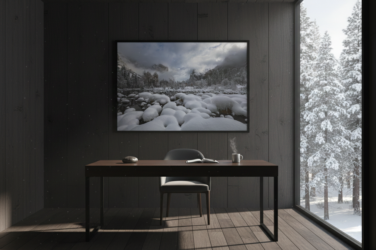 Yosemite winter fine art photograph in a black frame mounted on dark wood paneling in a modern office looking out at a snowy forest.