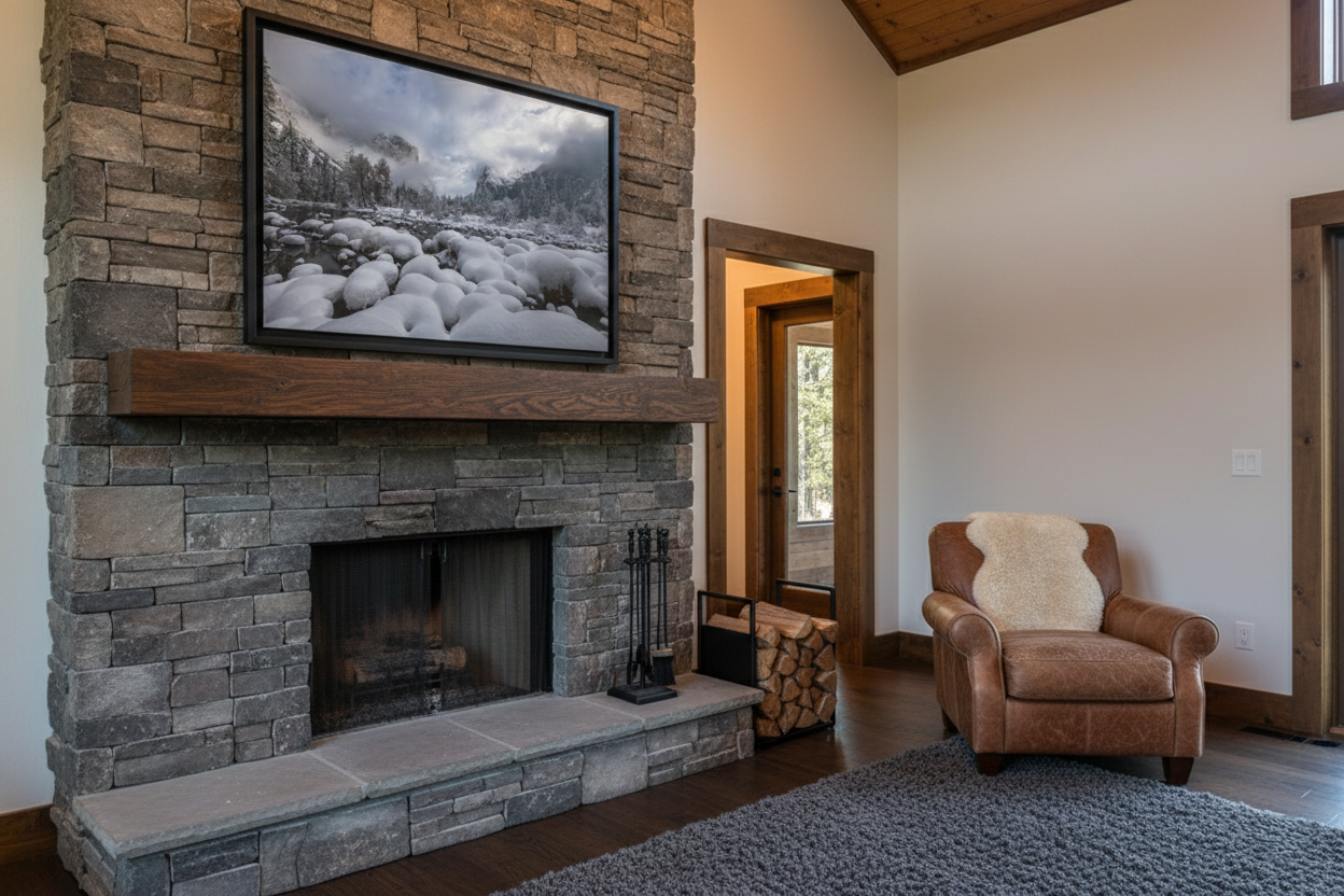 Large framed fine art landscape print of Yosemite snow pillows hanging above a stone fireplace in a rustic lodge living room with a leather armchair.