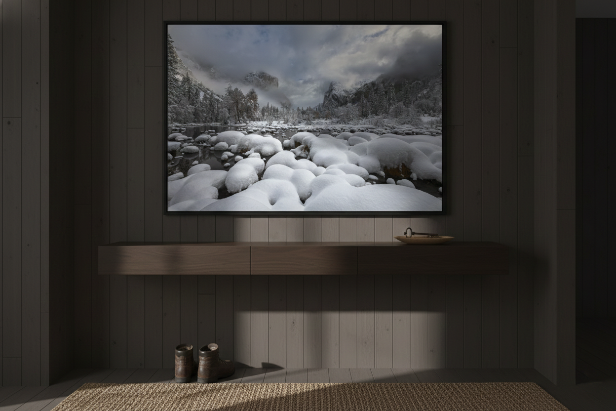 Horizontal Yosemite winter river print displayed on dark grey vertical wood paneling above a floating wooden console shelf.