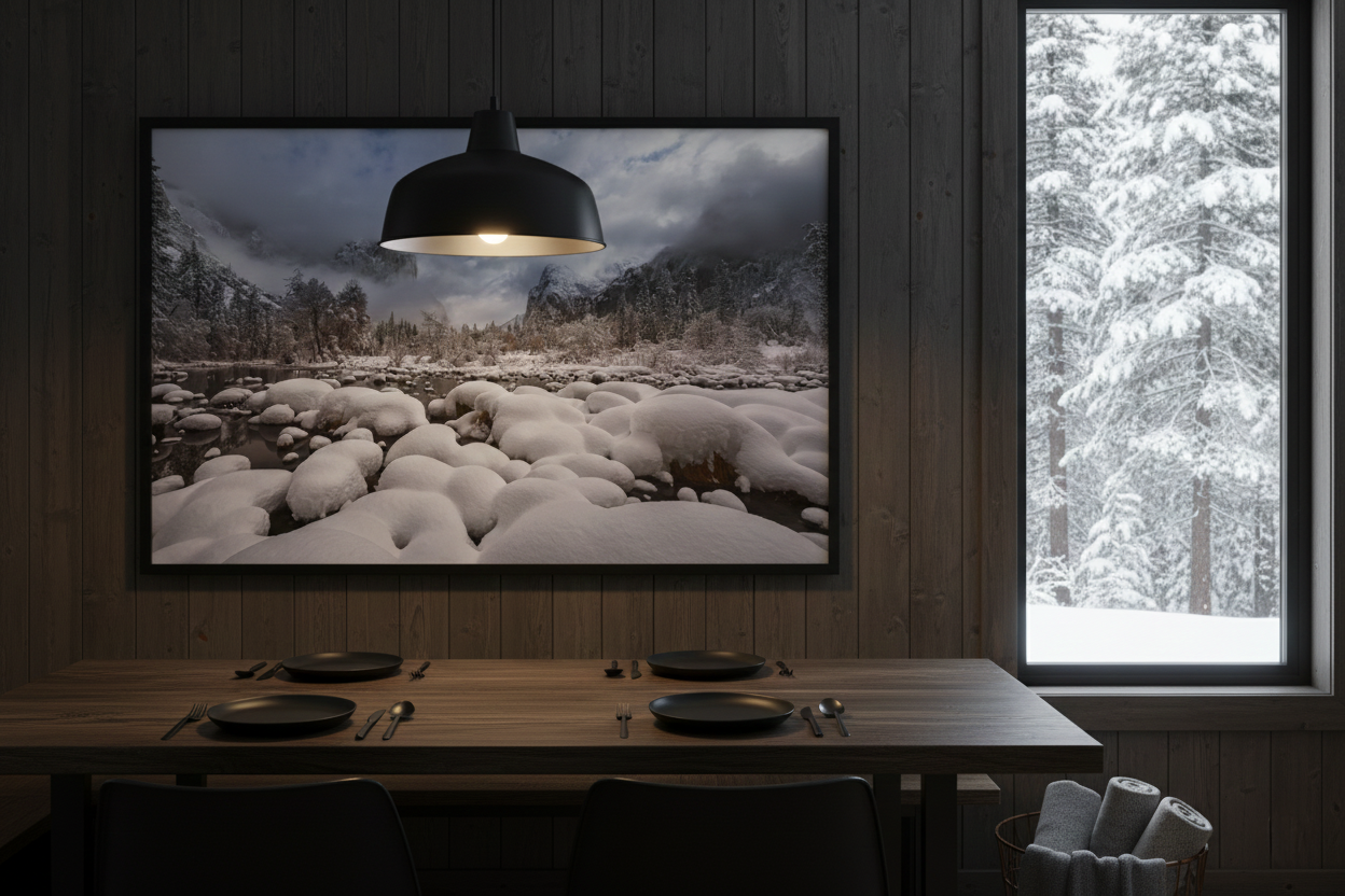 Yosemite winter landscape wall art hanging above a dark wood dining table set under a pendant lamp in a snowy cabin retreat.