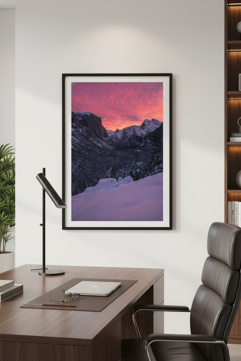 Framed Yosemite winter fine art photograph mounted on a white office wall next to a dark wood desk with a modern desk lamp.