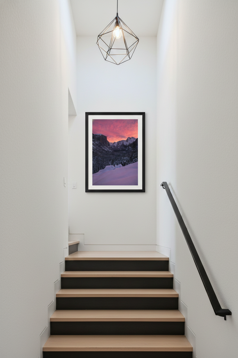 Vertical fine art landscape print centered at the top of a modern wooden staircase landing under a geometric pendant light.