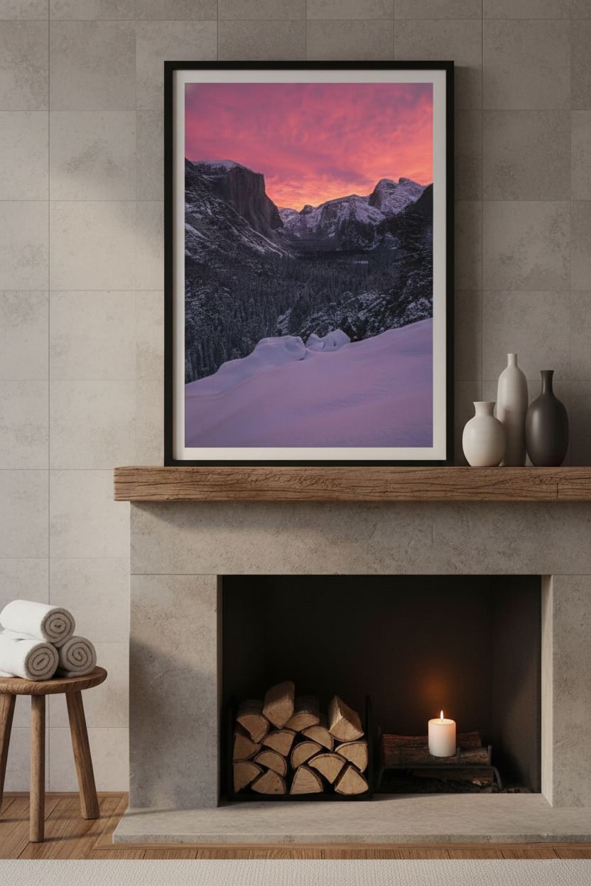 Framed fine art print of Yosemite Tunnel View resting on a rustic wood mantel above a neutral tiled fireplace.