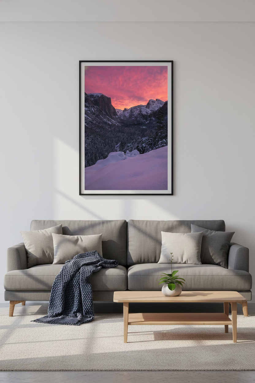 Large vertical framed fine art print of a Yosemite winter sunrise displayed on a white wall above a grey sofa with a knit blanket.