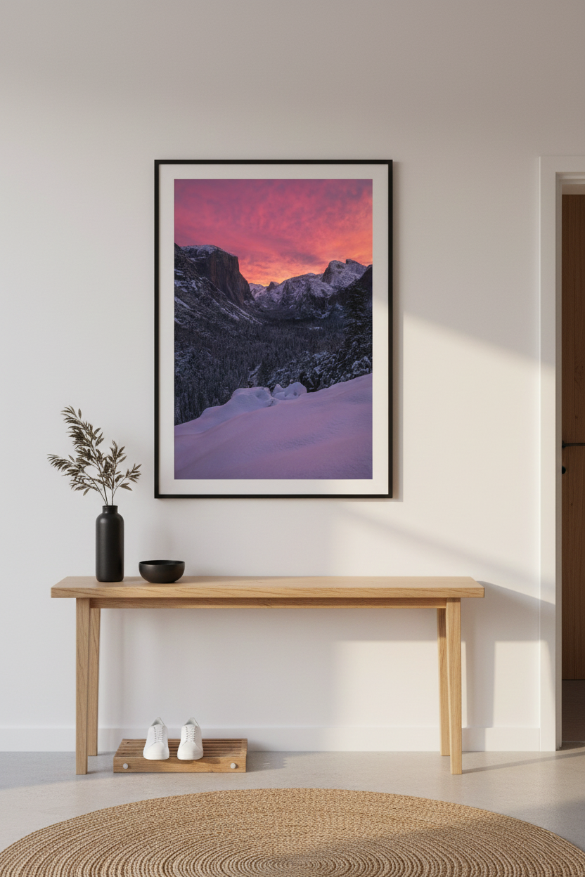 Vertical Yosemite landscape print in a black frame hanging above a light oak console table in a bright minimalist foyer.