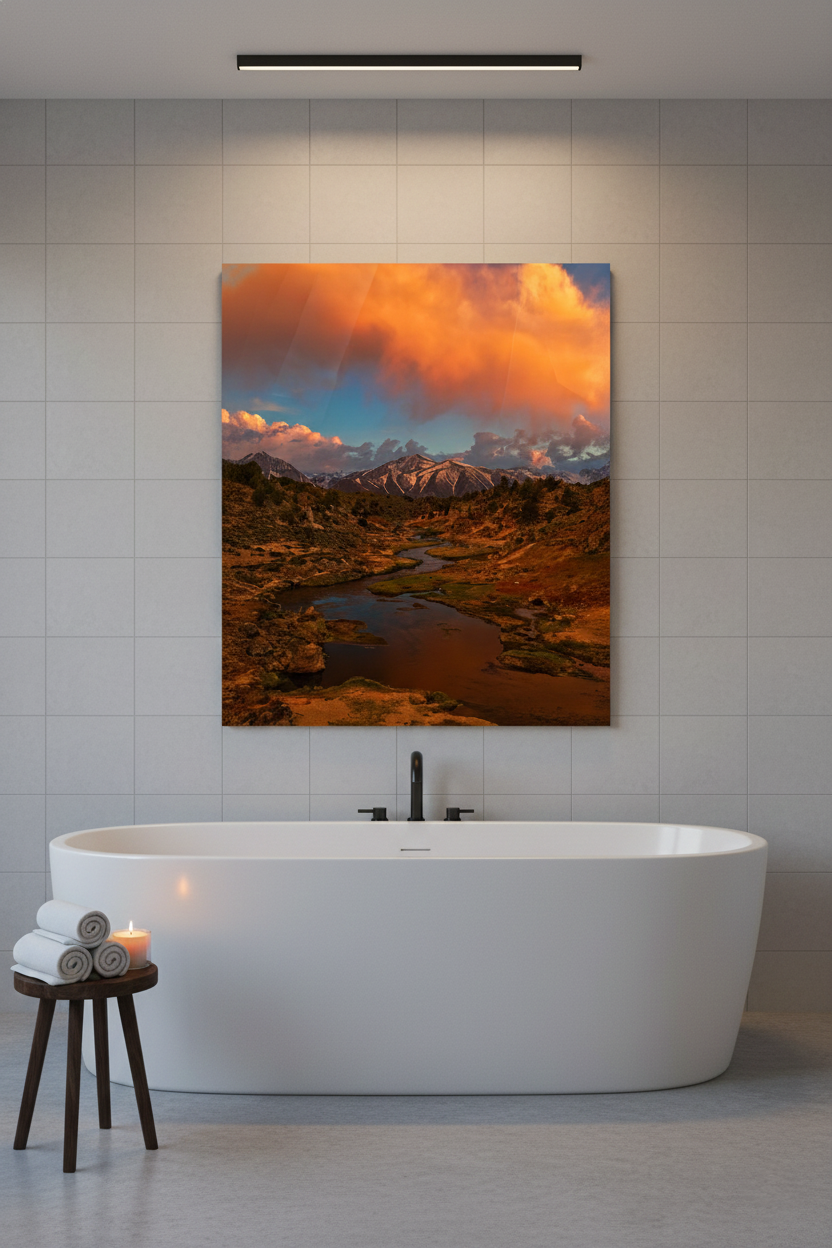 Framed Hot Creek sunset landscape print mounted on a grey tiled bathroom wall directly above a modern white freestanding bathtub.