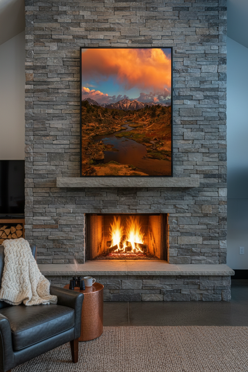 Large vertical framed fine art print of Hot Creek Mammoth Lakes hanging over a rustic stacked stone fireplace with a leather armchair.
