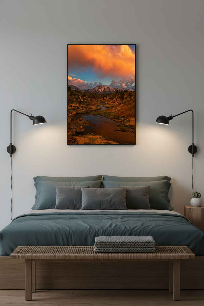 Fine art landscape print of Hot Creek geothermal canyon hanging above a wooden bed frame flanked by modern black wall sconces.