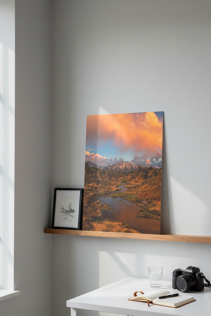 Hot Creek sunset art print leaning on a wooden picture ledge above a white desk with a camera and notebook.