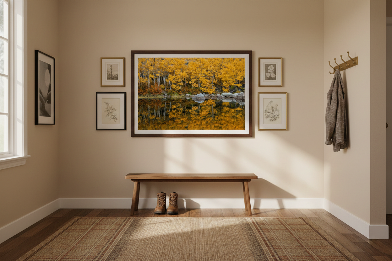 Horizontal autumn landscape art print framed as the centerpiece of a gallery wall above a wooden entryway bench.