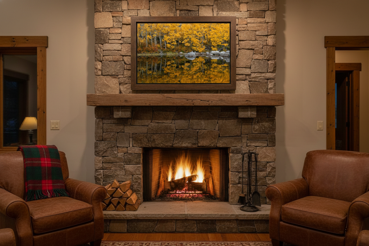 Framed fine art print of golden autumn aspens centered over a large stacked stone fireplace between two leather armchairs.