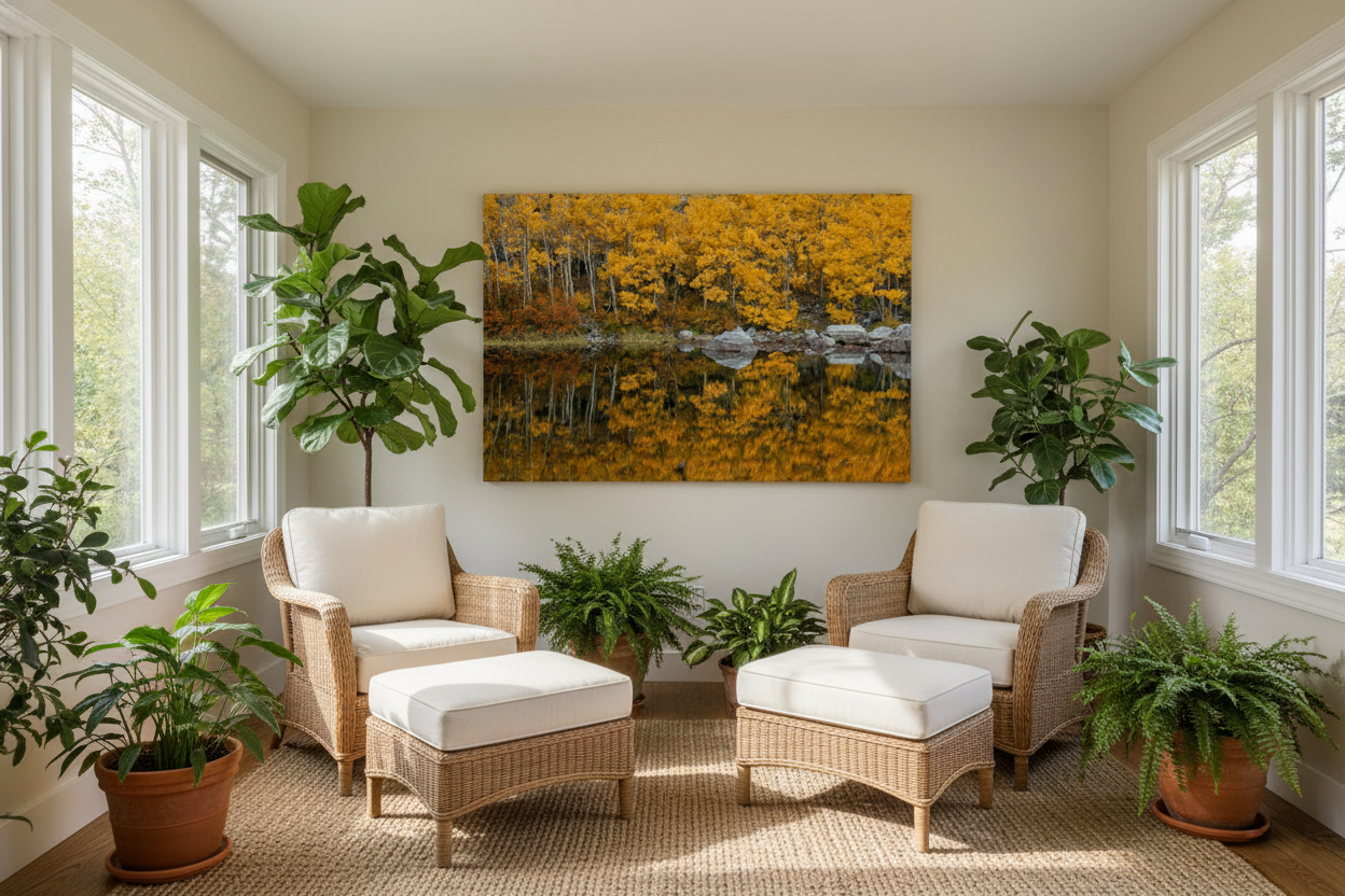 Large panoramic fine art print of golden autumn aspens mounted on a beige sunroom wall above wicker armchairs with potted plants.