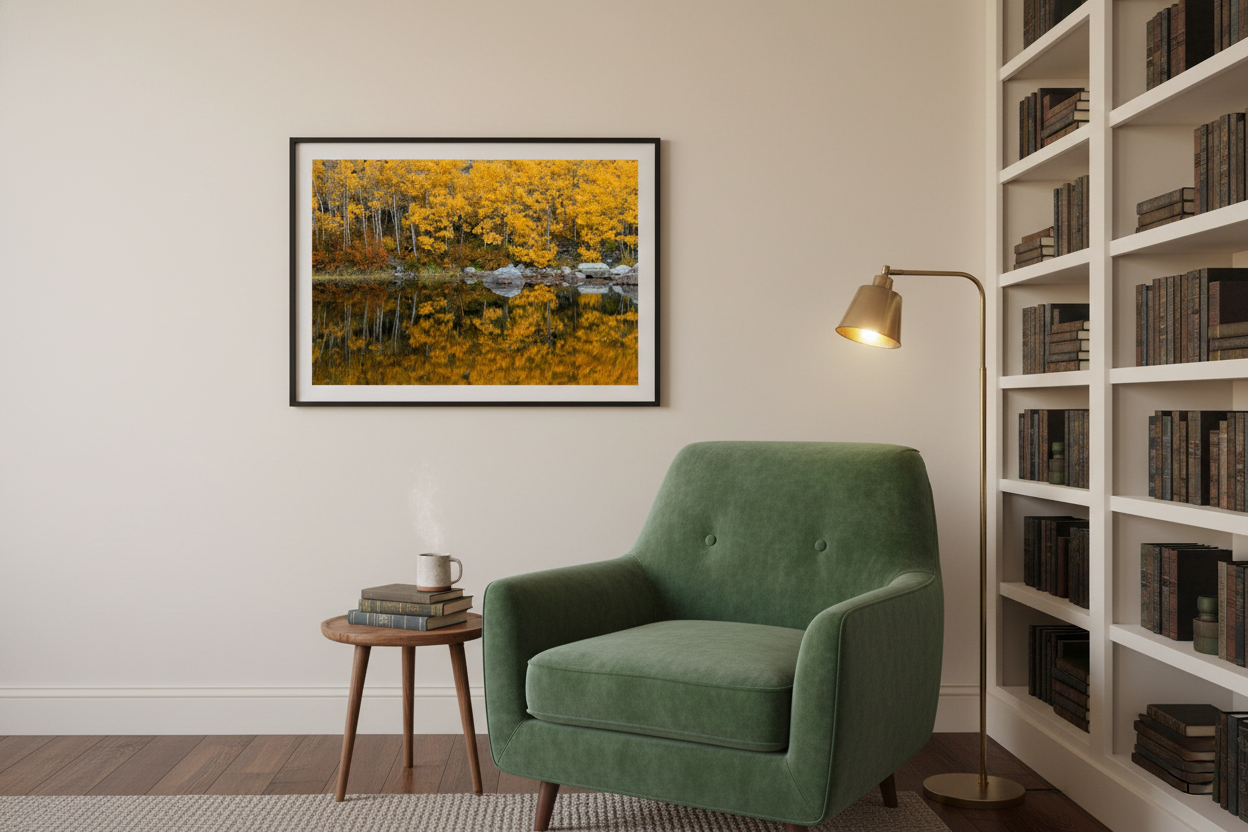 Framed horizontal fall aspen reflection print hanging on a neutral wall next to a green velvet armchair and built-in bookshelf.