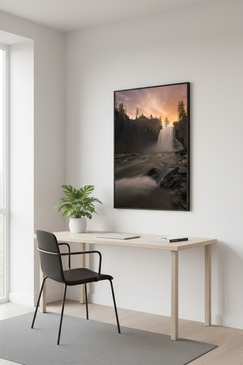 Framed Rainbow Falls landscape photograph hanging above a light wooden desk in a bright contemporary home office.