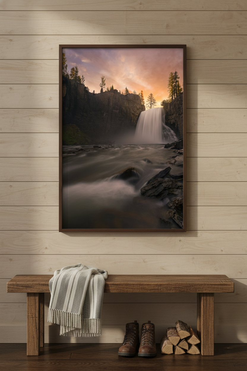 Vertical fine art print of Rainbow Falls in a dark frame on wood paneling above a rustic wooden bench with stacked logs.