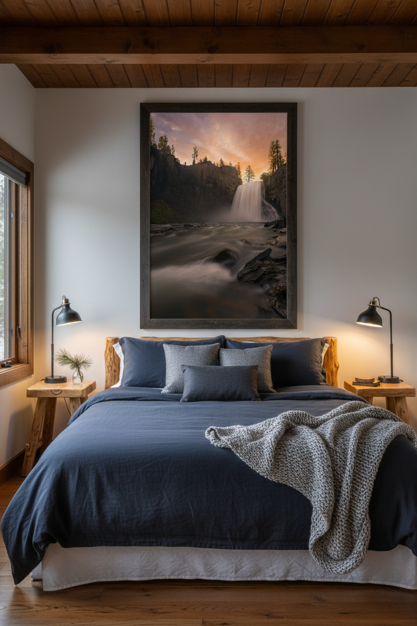 Large framed fine art waterfall print mounted above a wooden bed frame flanked by modern bedside lamps.