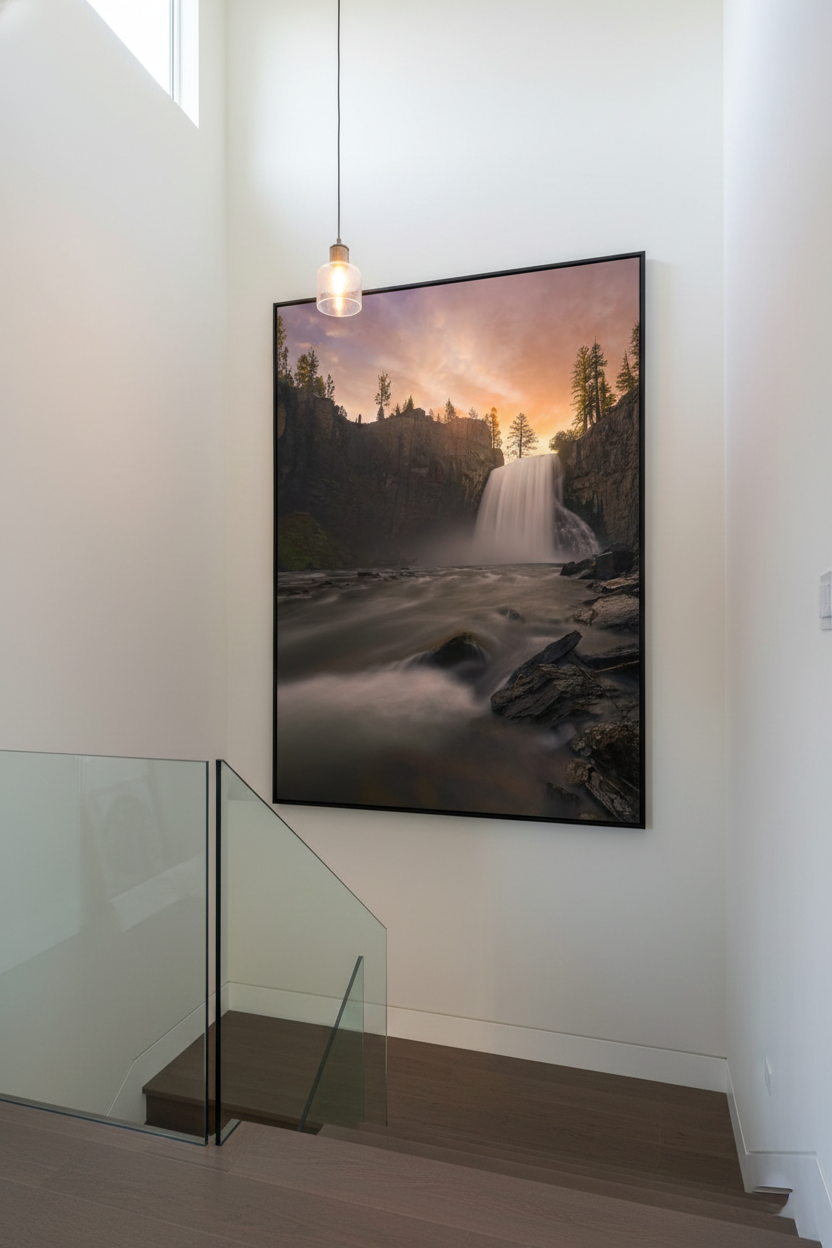 Large vertical Rainbow Falls photograph centered on a tall white wall along a modern staircase with glass railing.
