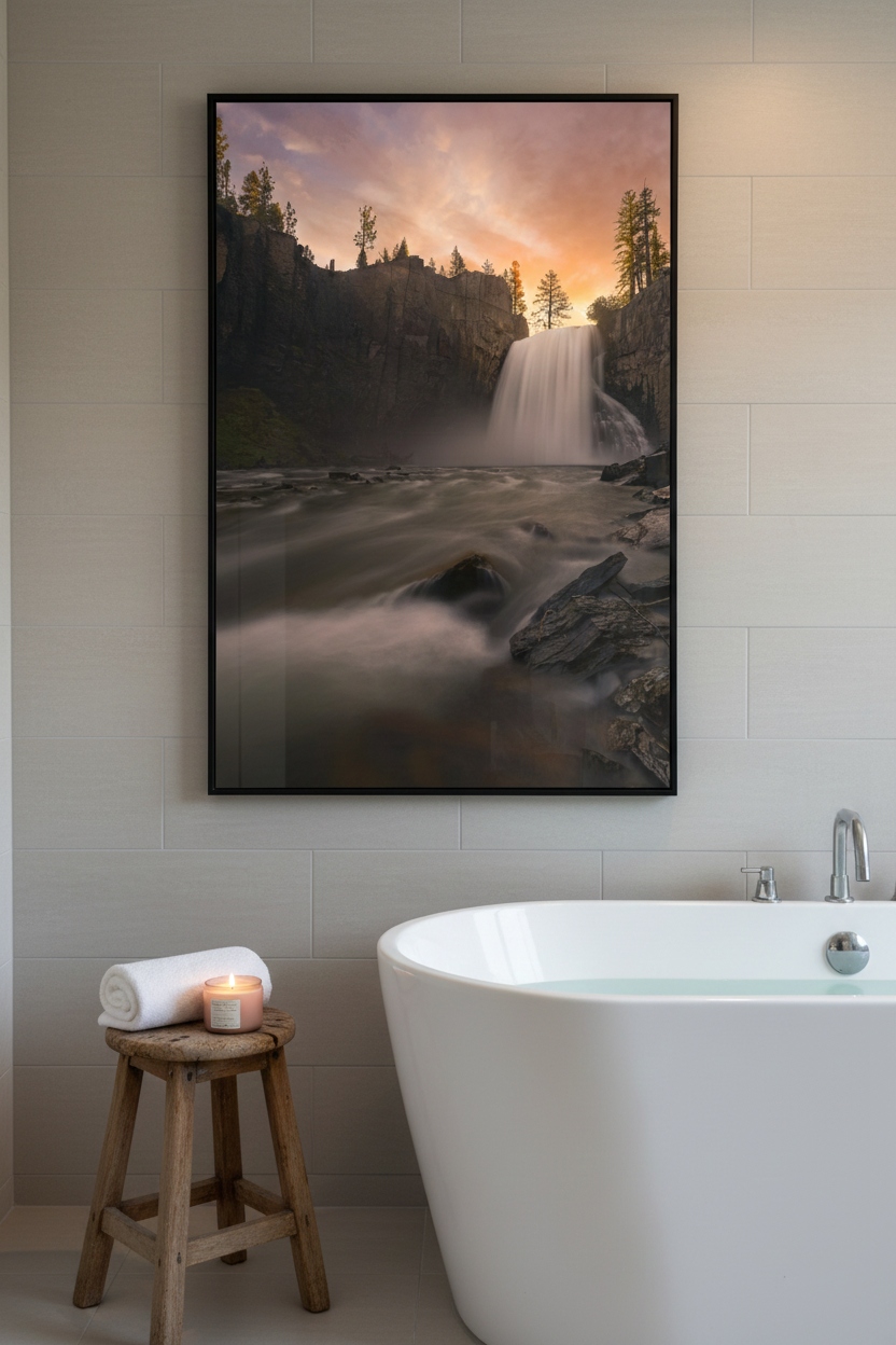 Vertical waterfall fine art print hanging on a neutral tiled wall next to a modern white soaking tub with a wooden side stool.