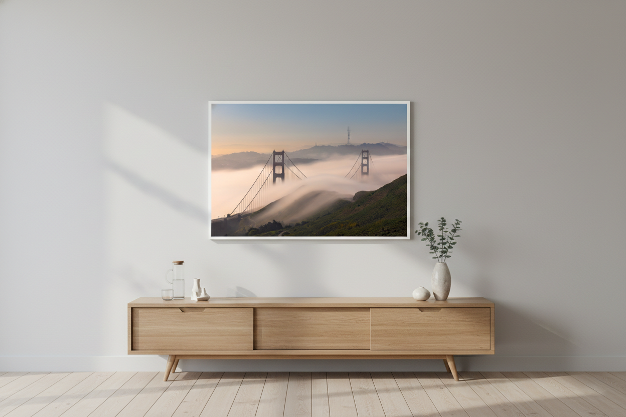 Horizontal framed fine art print of Golden Gate Bridge in low fog hanging on a white wall above a modern light oak credenza.