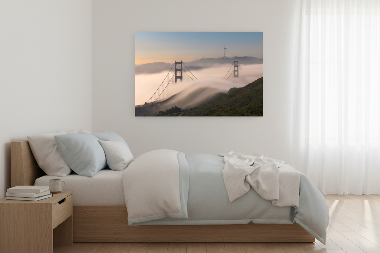 Horizontal fine art landscape print of the Golden Gate Bridge mounted on a white bedroom wall beside light blue bedding.