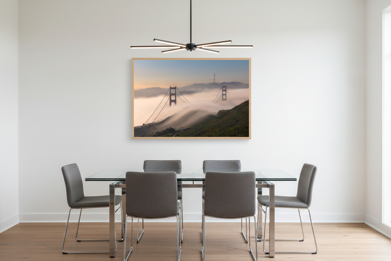 Framed Golden Gate Bridge landscape print centered on a plain white wall above a glass dining table with grey chairs.