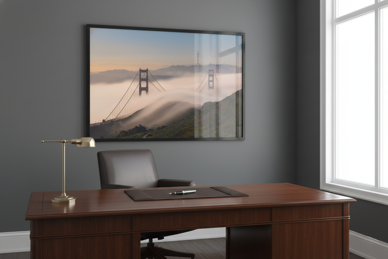 Framed Golden Gate Bridge fog print on a charcoal grey office wall behind a mahogany executive desk and leather chair.