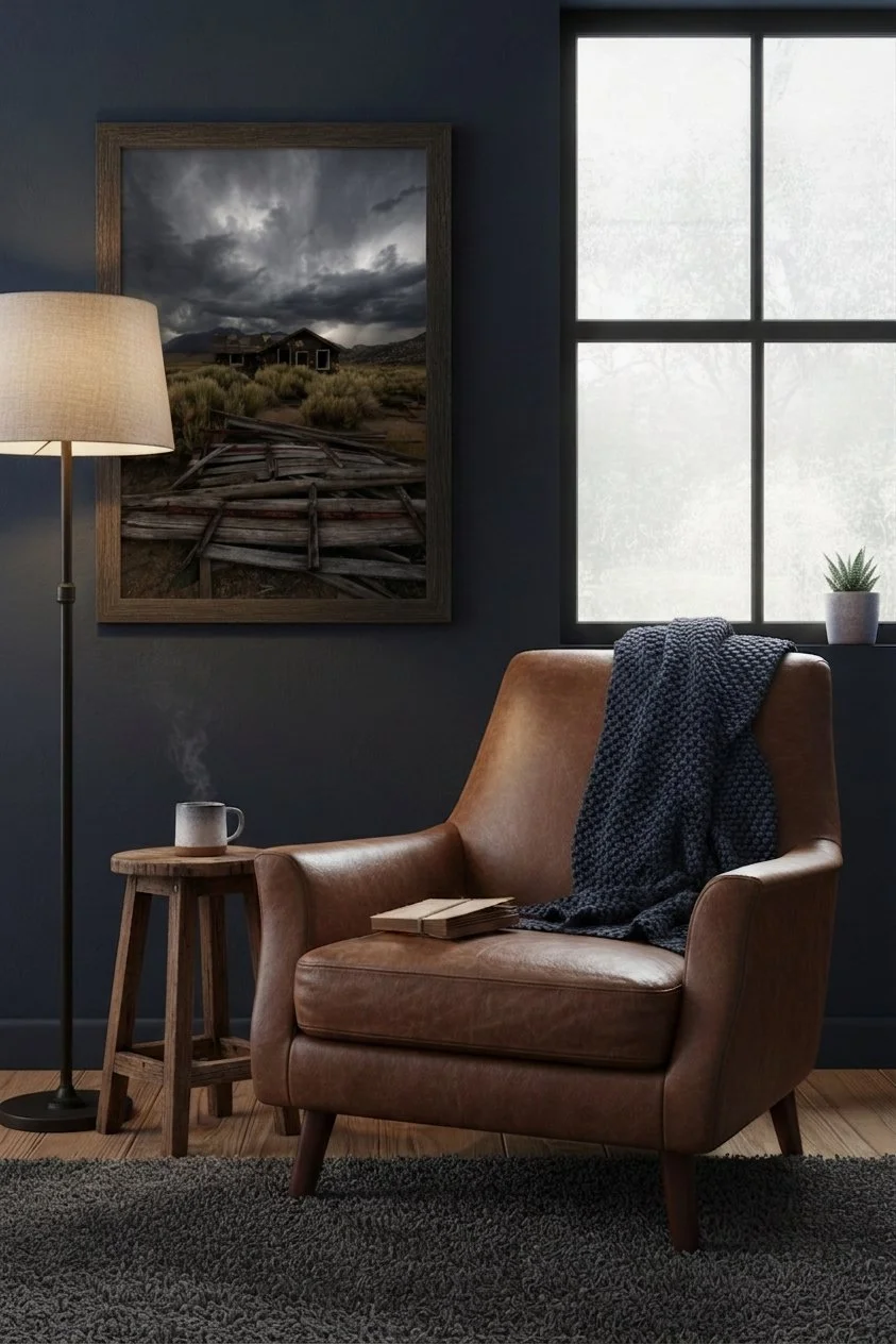 Fine art print of an abandoned cabin under storm clouds framed on a dark blue wall above a brown leather armchair in a cozy reading nook.