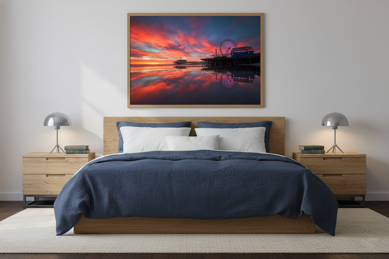 Horizontal fine art ocean print mounted above a dark walnut platform bed in a minimalist bedroom suite.
