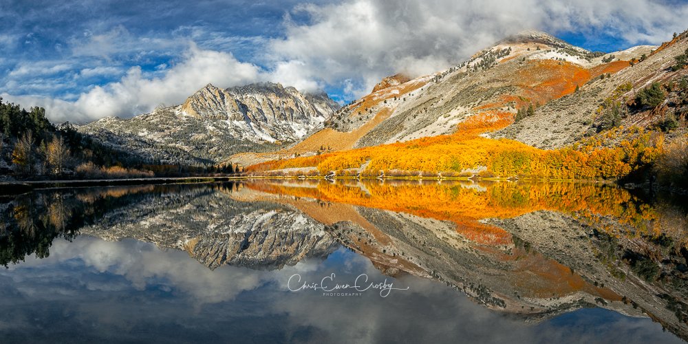Panoramic autumn landscape of golden aspen trees reflected in a calm alpine lake in the Eastern Sierra Mountains, California.
