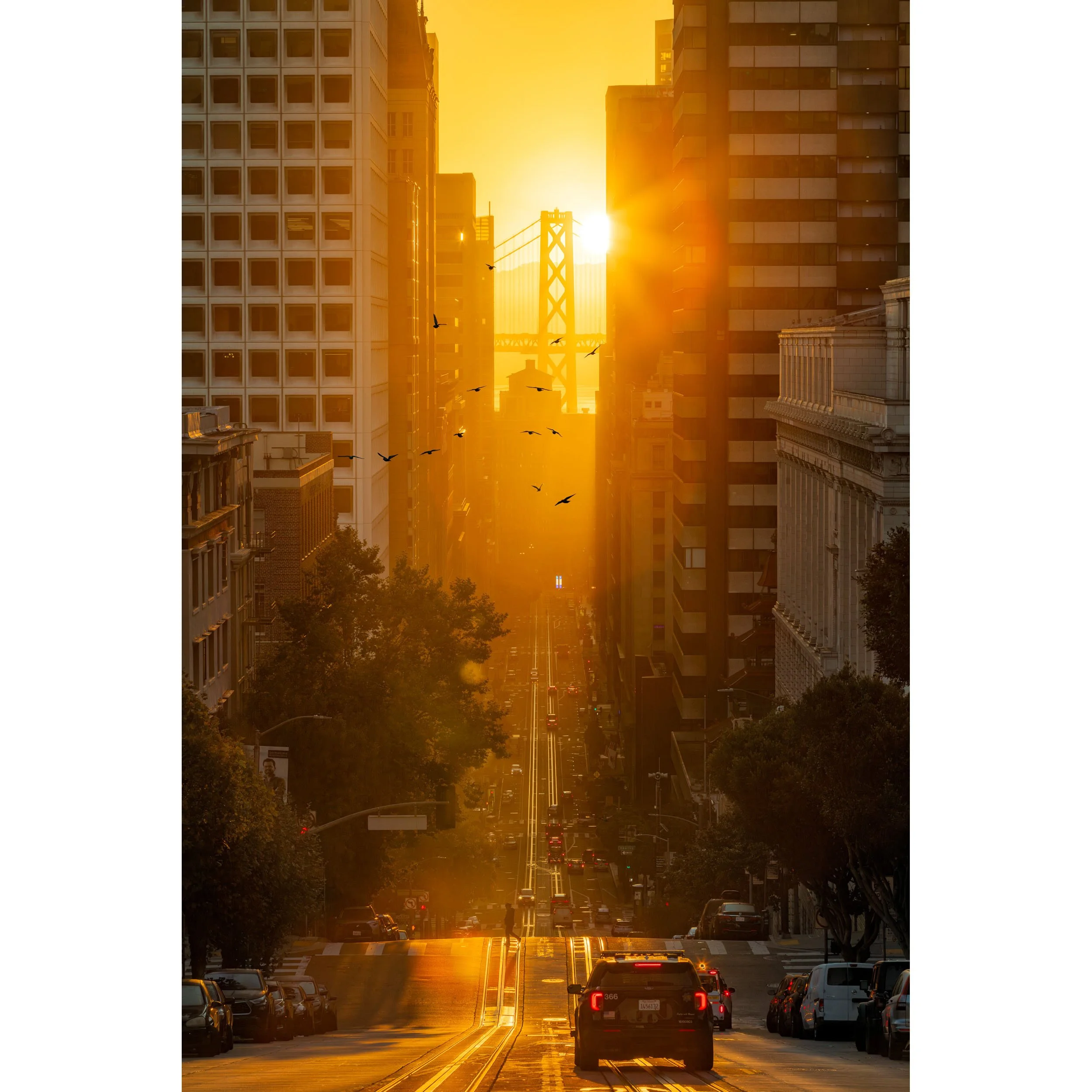 Golden sunset aligning down California Street in San Francisco toward the Bay Bridge.