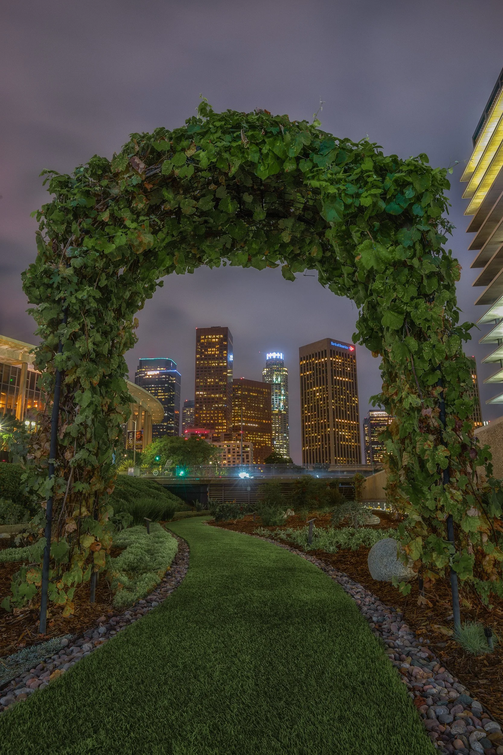 Illuminated Downtown Los Angeles skyscrapers framed by a lush green garden archway at night by Chris Ewen Crosby.