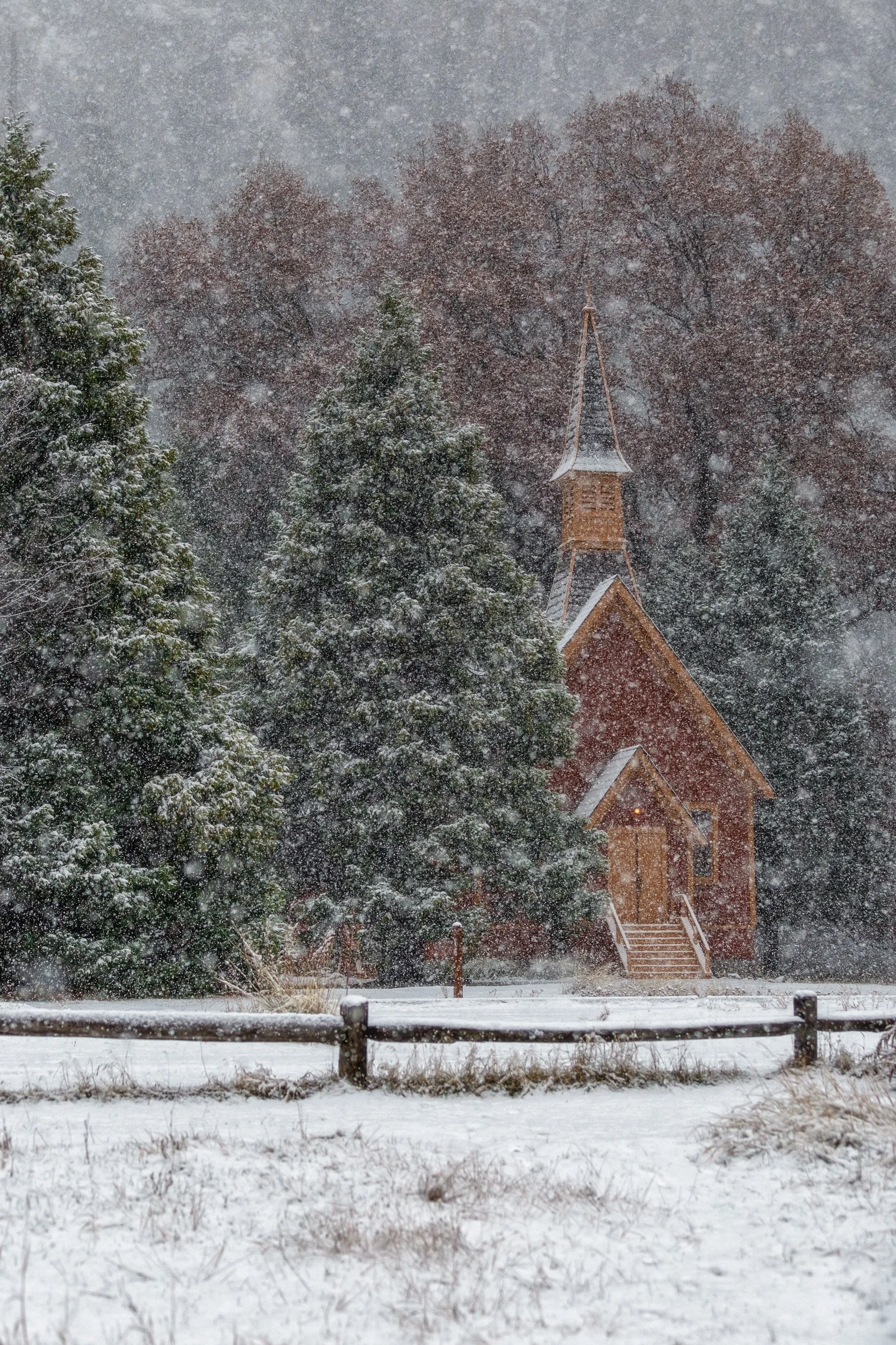 The historic Yosemite Valley Chapel framed by evergreen and autumn trees during a heavy, active mountain snowfall.