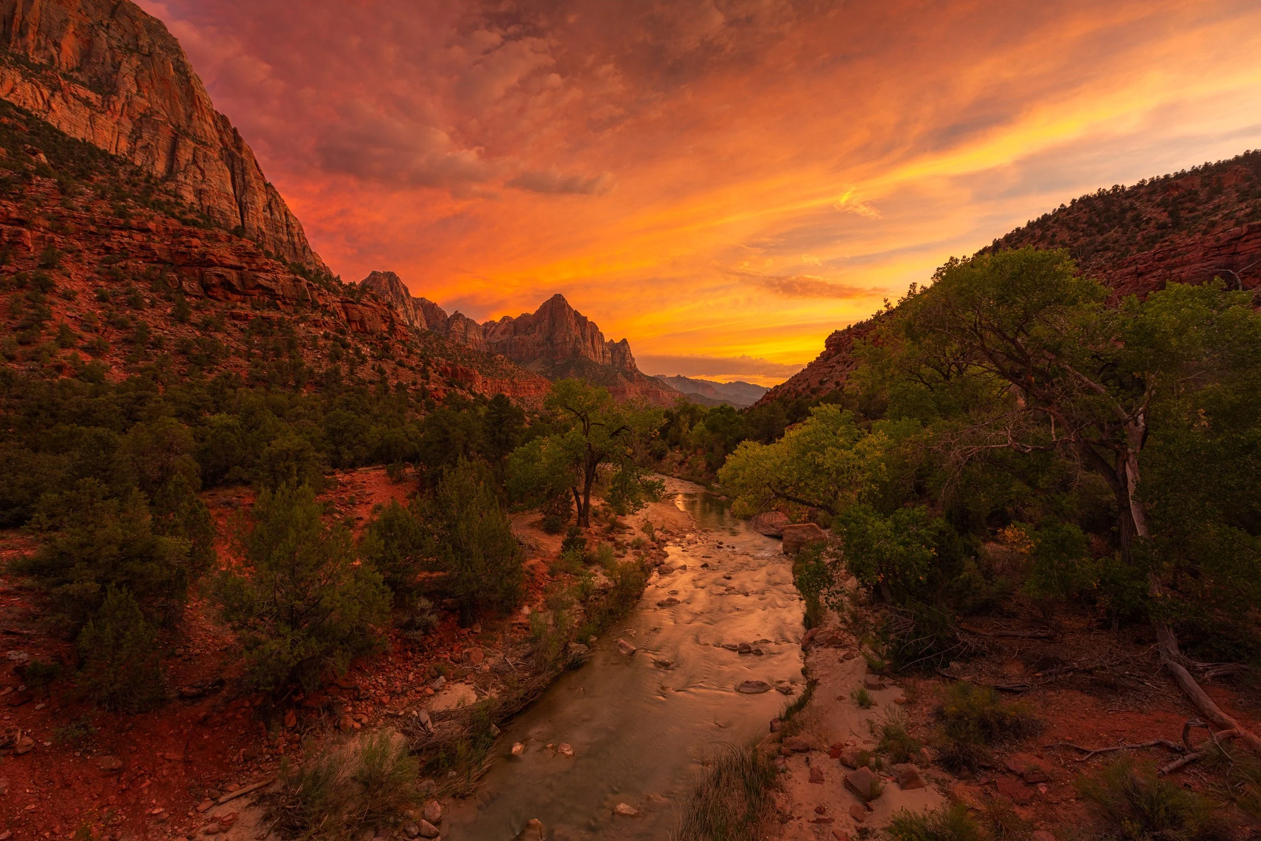 Horizontal landscape photograph of the Virgin River and the Watchman peak in Zion National Park under a fiery orange and red sunset sky.