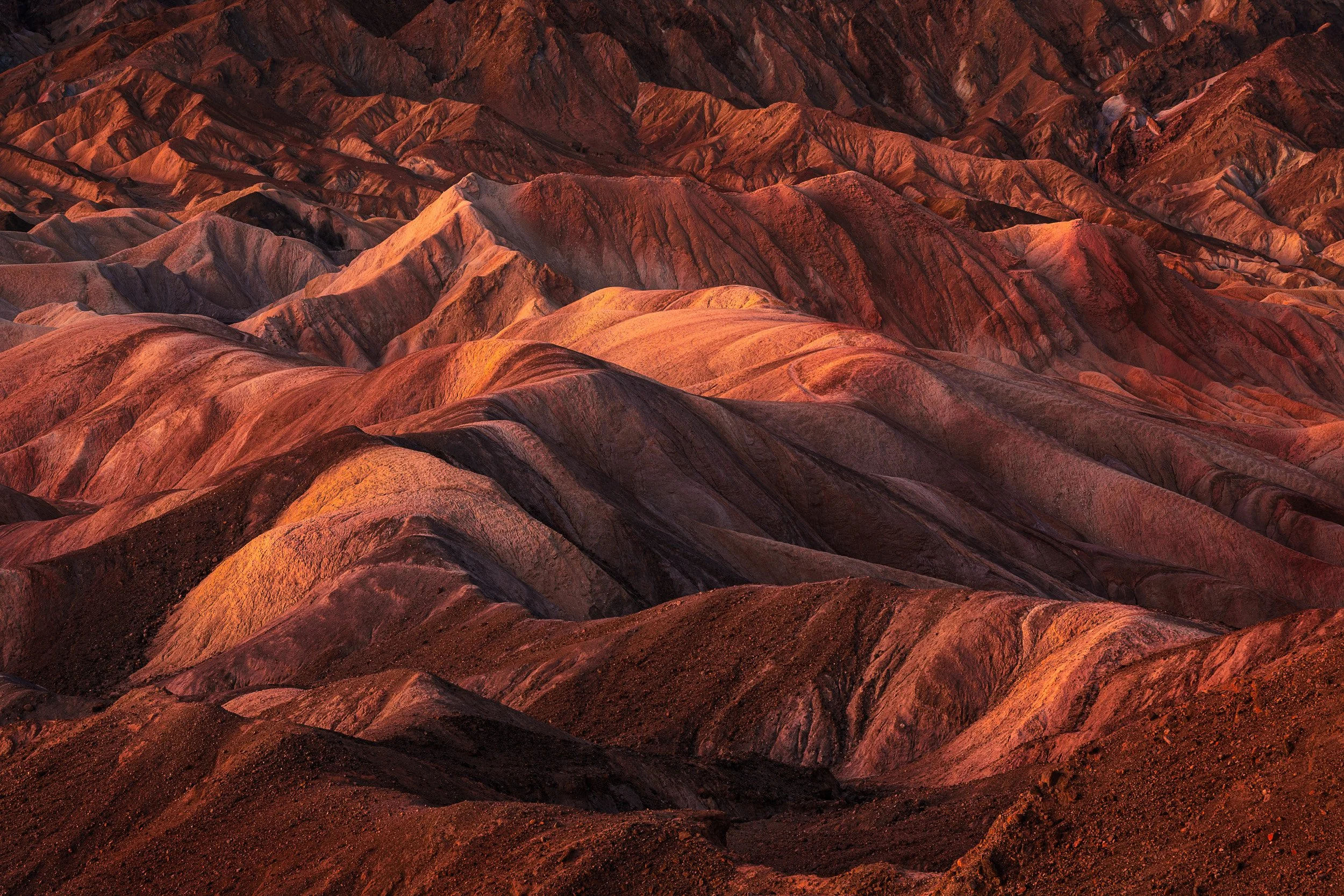 Horizontal telephoto landscape photograph of warm sunrise light illuminating the golden and crimson eroded ridges of the Zabriskie Point badlands in Death Valley National Park by Chris Ewen Crosby.