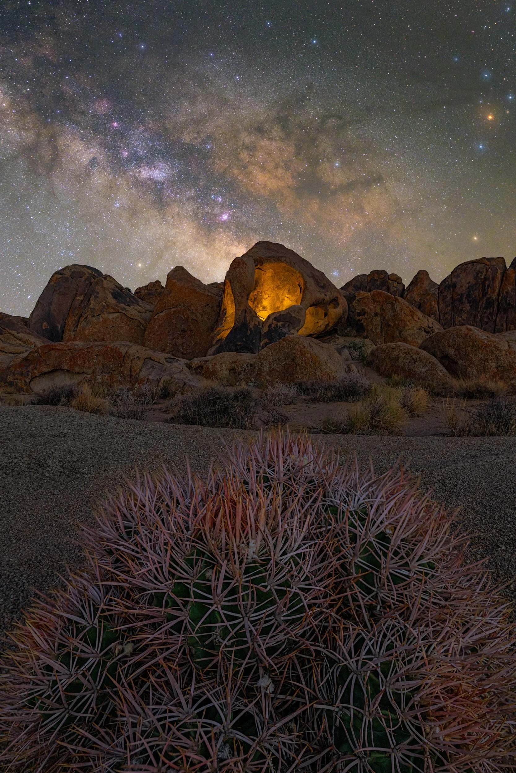 A high-resolution astrophotography image capturing the core of the Milky Way galaxy over Mobius Arch in Alabama Hills, with a detailed barrel cactus in the foreground and natural warm light in the arch opening.