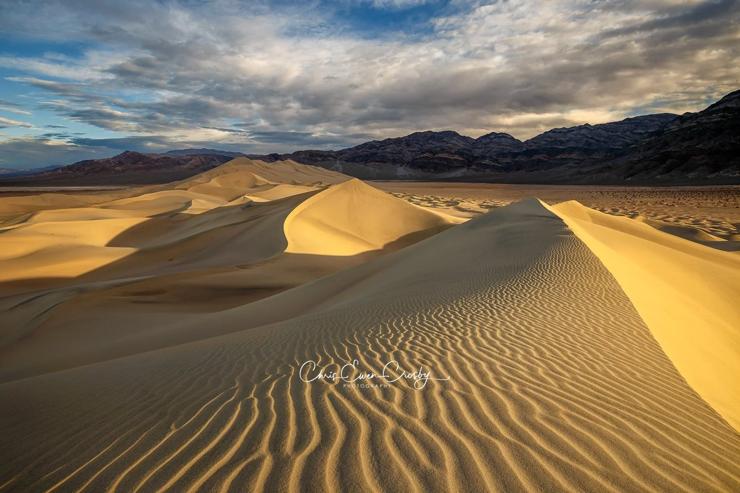 A horizontal landscape photo of a sand dune ridge in Death Valley at sunrise, featuring a sharp diagonal line between golden sunlit sand and dark shadows.