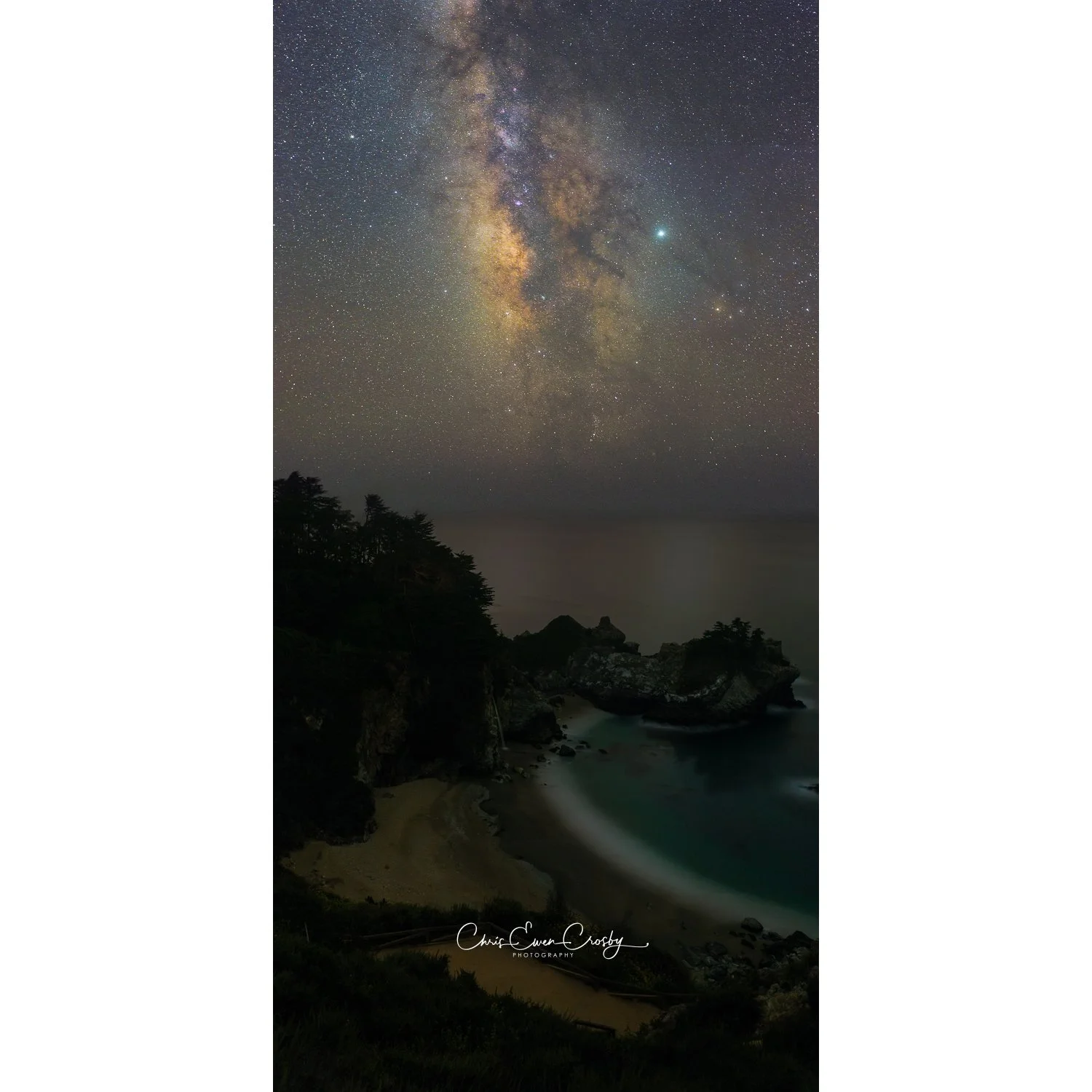 Vertical panoramic night photo of the Milky Way galaxy above McWay Falls and the beach cove in Big Sur, California