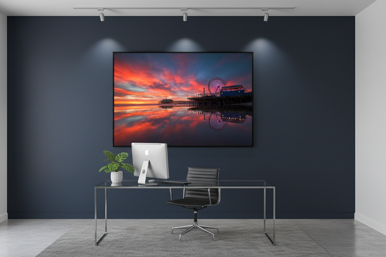 Santa Monica Pier reflection print framed on a charcoal feature wall in an executive office lounge.