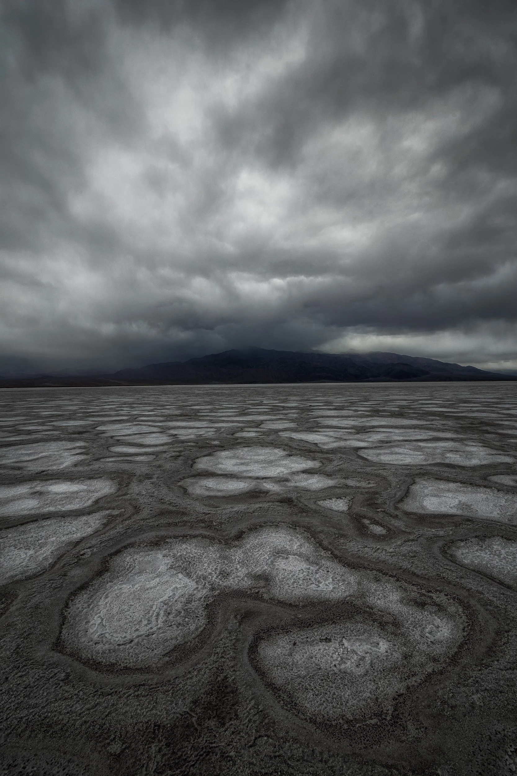 Vertical landscape photograph of intricate salt ring crust formations on a dry desert basin floor stretching toward distant mountains under a dark storm sky in Death Valley National Park by Chris Ewen Crosby.