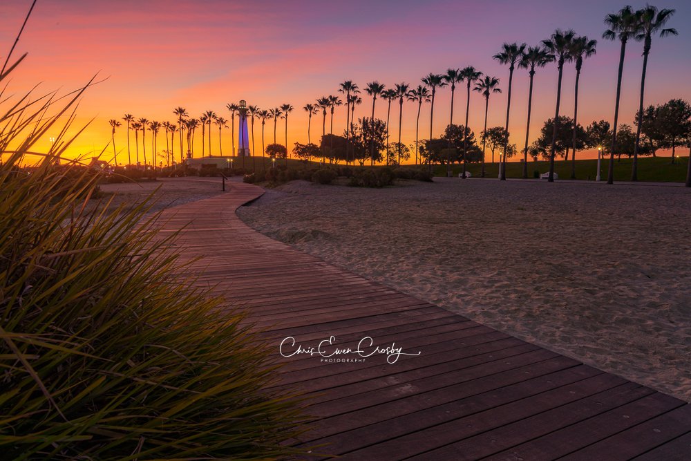 Landscape photo of a wooden boardwalk leading to the Long Beach lighthouse at sunrise with palm trees and a colorful sky.